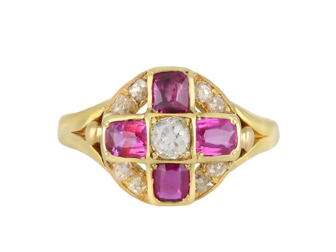 Victorian ruby and diamond cluster ring, English, 1880. 