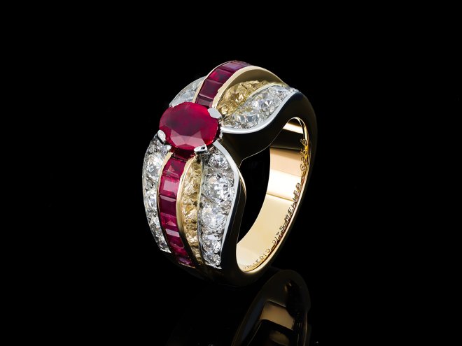 Mellerio ruby and diamond dress ring, circa 1945. hatton garden