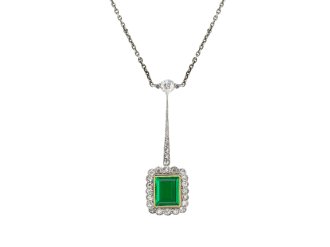 Colombian emerald and diamond pendant, circa 1910. hatton garden