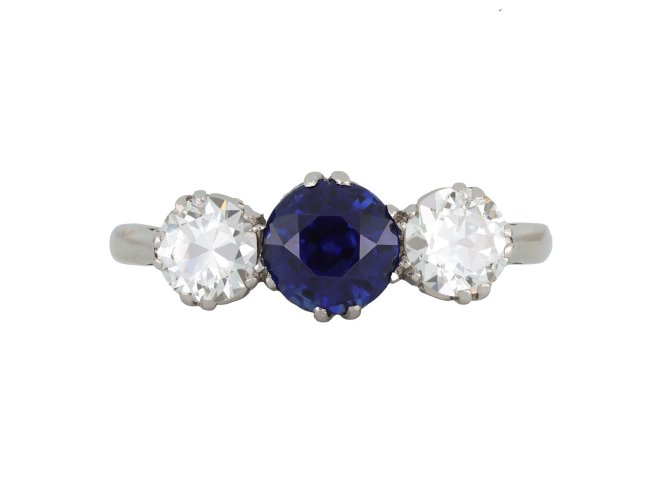 Edwardian Sapphire and Diamond Three stone Ring. hatton garden