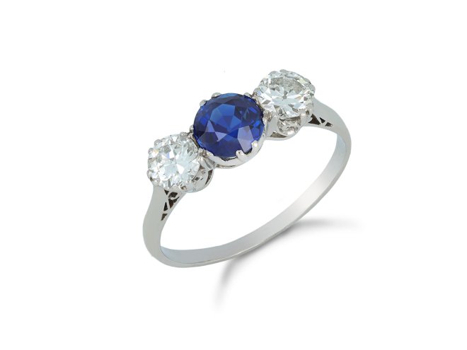 Edwardian Sapphire and Diamond Three stone Ring. hatton garden