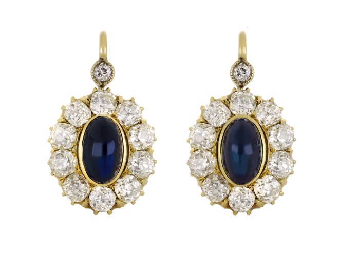 Sapphire and diamond coronet cluster earrings, circa 1900.