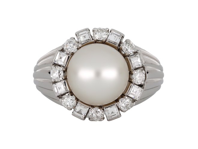 Pearl and diamond cluster ring by W. A. Bolin, hatton garden