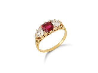 Victorian ruby and diamond three stone ring. hatton garden