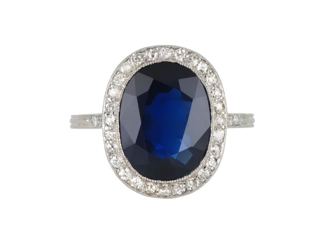 Sapphire and diamond coronet cluster ring, French, circa 1920.