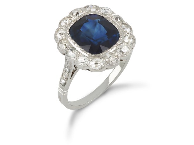 Sapphire and diamond coronet cluster ring, circa 1920.