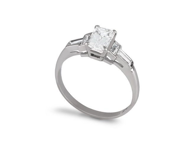 Art Deco diamond flanked solitaire ring, American, hatton garden