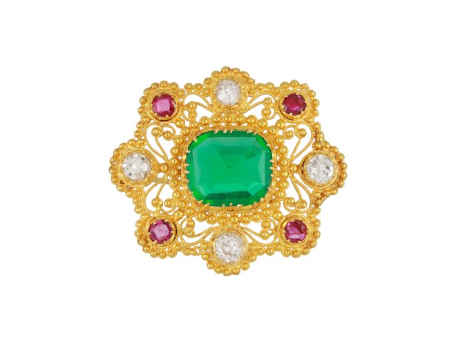 Colombian emerald, diamond and ruby cannetille brooch, circa 1830.