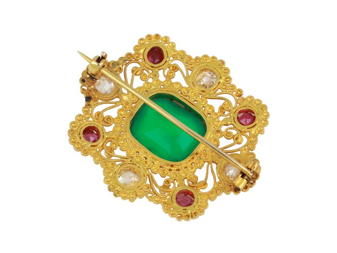 Colombian emerald, diamond and ruby cannetille brooch, circa 1830.