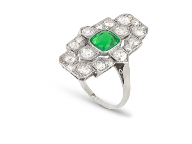 Colombian emerald and diamond cluster ring, circa 1925.