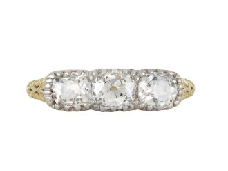 Old mine diamond three stone ring, European, circa 1900.