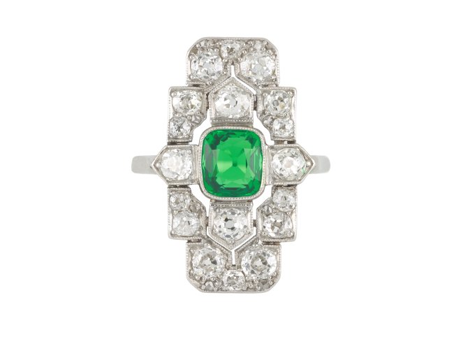 Colombian emerald and diamond cluster ring, circa 1925.