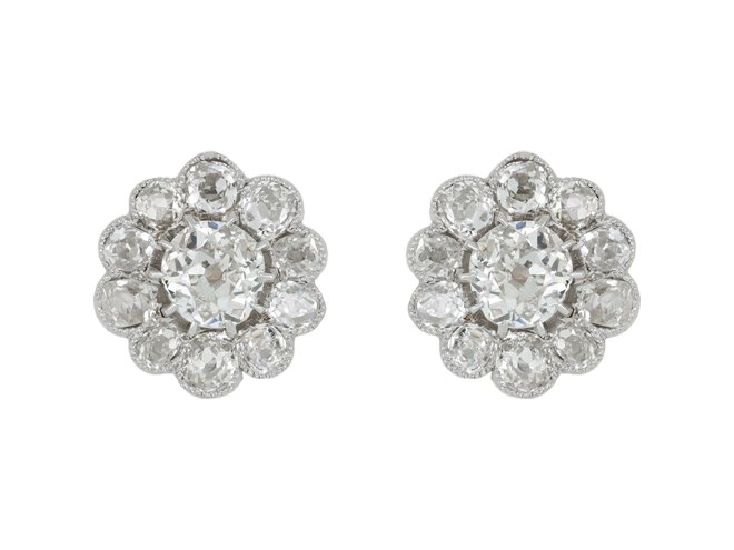 Old mine diamond cluster earrings, circa 1905. hatton garden