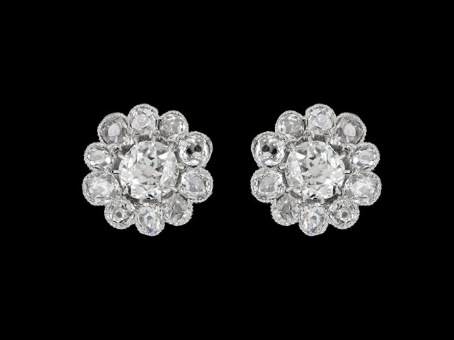 Old mine diamond cluster earrings, circa 1905. hatton garden