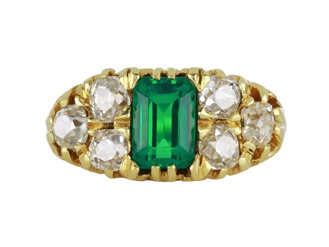 Colombian emerald and diamond carved ring, English, circa 1890.