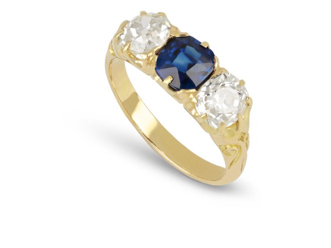 Victorian sapphire and diamond three stone ring, circa 1890.