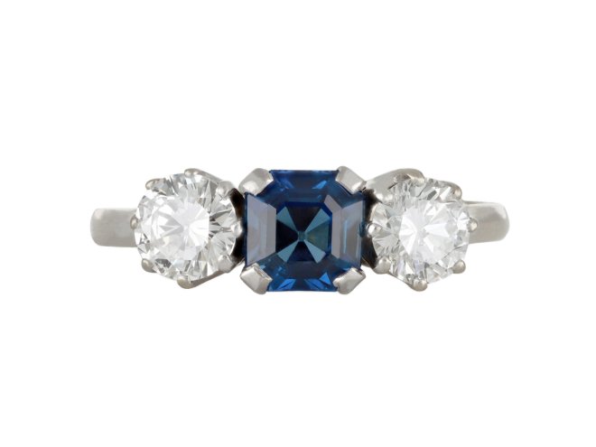 Sapphire and diamond three stone ring, circa 1940.