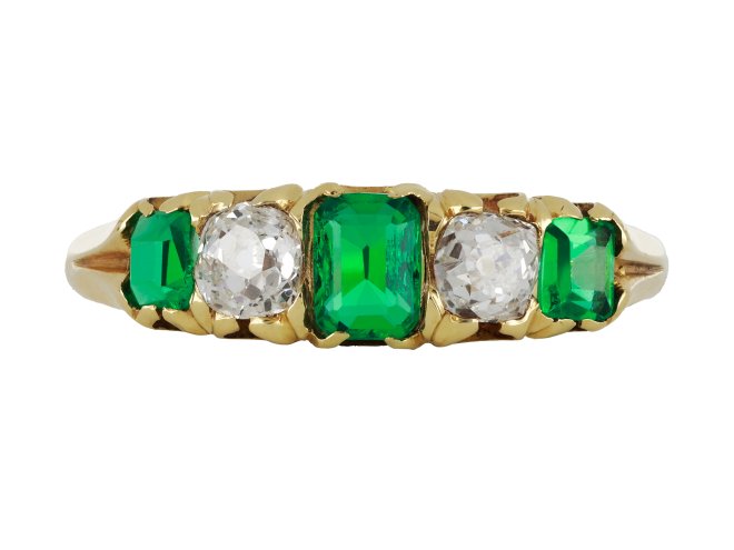 Victorian emerald and diamond five stone ring, circa 1890. hatton garden