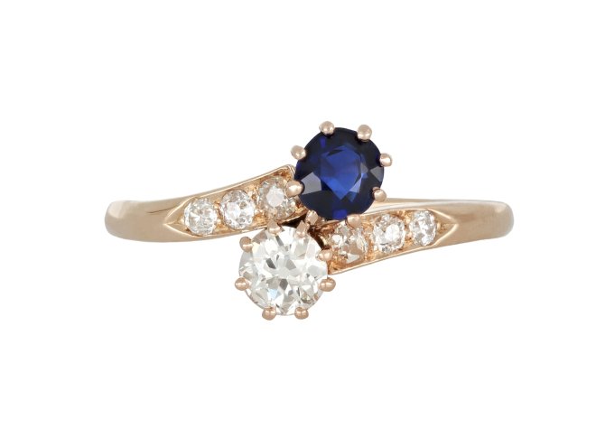 Sapphire and diamond crossover ring, Austro Hungarian, circa 1910.