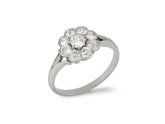 Old cut diamond coronet cluster ring, circa 1915. hatton garden