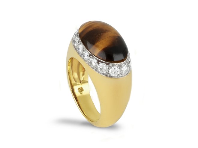 Kutchinsky tiger's eye and diamond ring, 1972. hatton garden