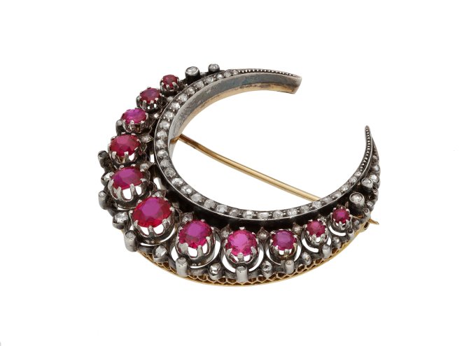 Antique ruby and diamond crescent brooch hatton garden