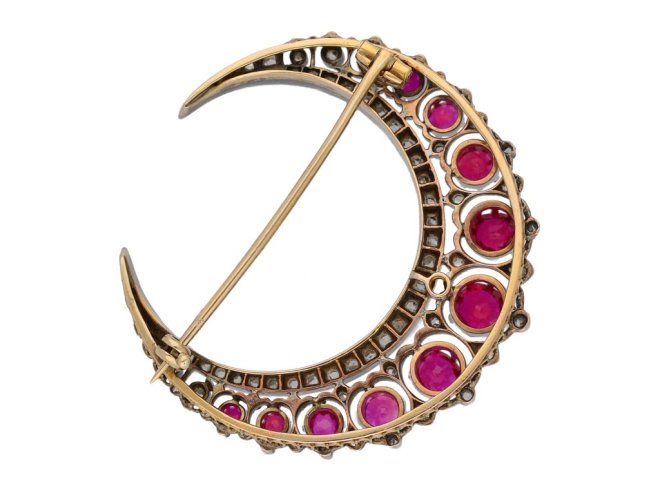 Antique ruby and diamond crescent brooch hatton garden