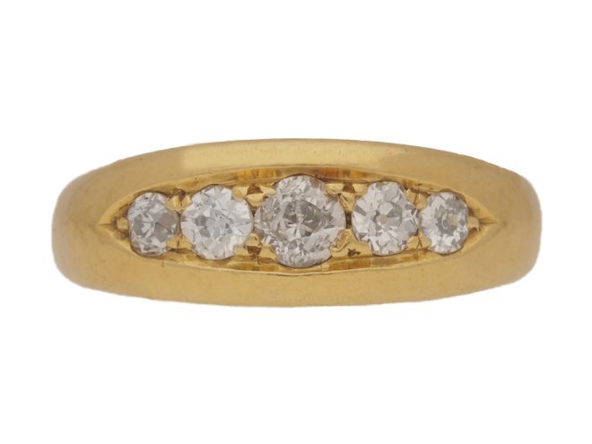 front view Antique five stone diamond ring, English, circa 1899.