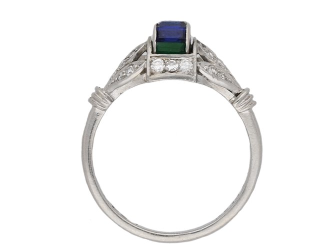 Art Deco sapphire, emerald diamond ring berganza hatton garden