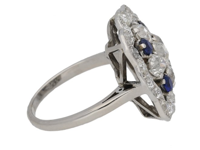 side veiw Sapphire and diamond cluster ring, circa 1935. berganza hatton garden