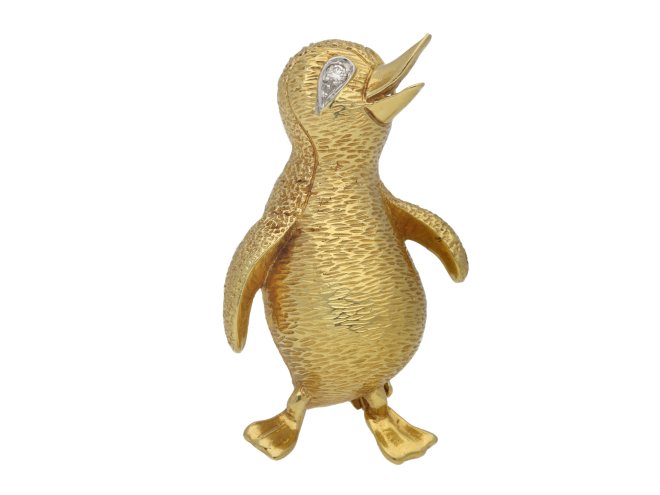 Diamond and gold penguin brooch berganza hatton garden