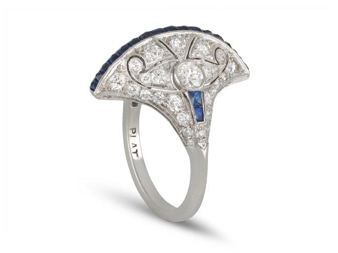 Art Deco Egyptian Revival sapphire and diamond ring, circa 1935. 