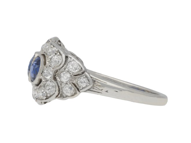 Three stone sapphire and diamond ring, circa 1920. Hatton Garden