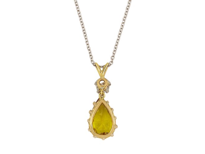 Yellow sapphire and diamond drop necklace, English. hatton garden